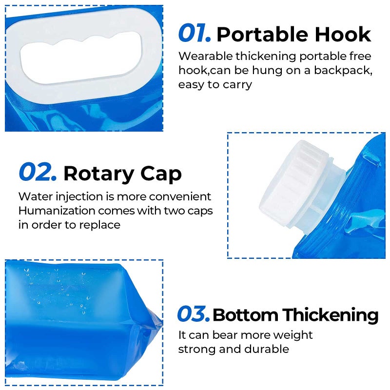Hakkin Collapsible Water Tank Container 4 Pack 1.3 Gallon/5L, No-Leak Freezable Portable BPA Free Food Grade Plastic Storage Jug for Camping, Hiking, Travel, Emergency Survival Kit Bonus 2 Pcs Caps - Image 3